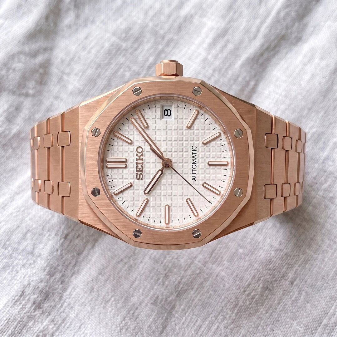 Mod | Royal Oak Rose Gold White — Frente, esfera alineada