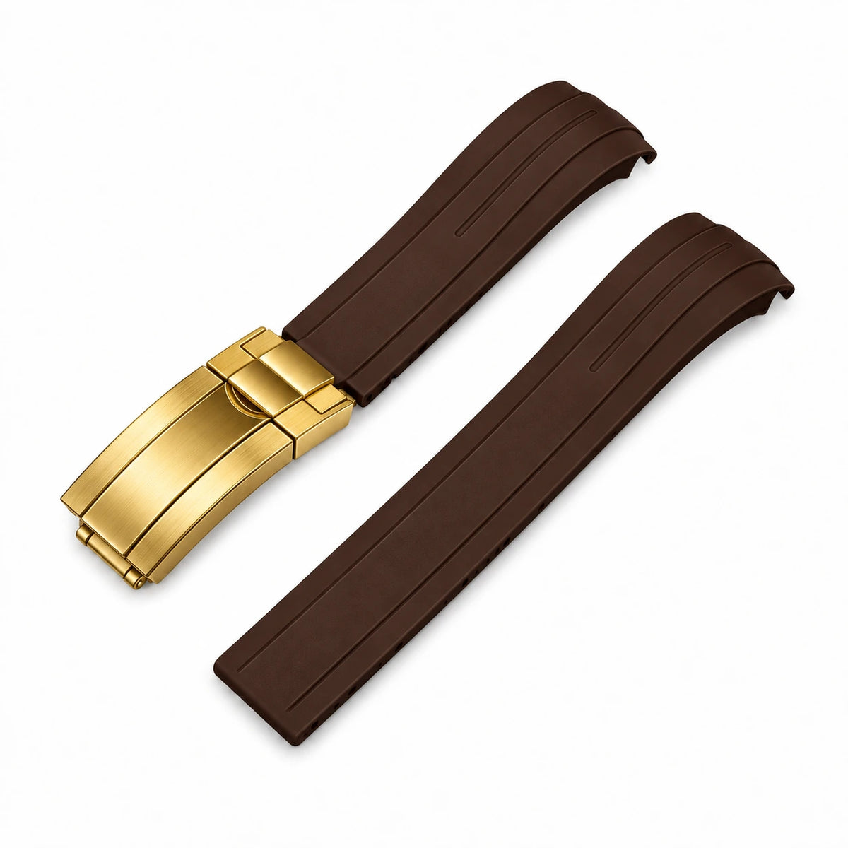 Correa de caucho Cafe con Cierre desplegable (deployant clasp) color Dorado