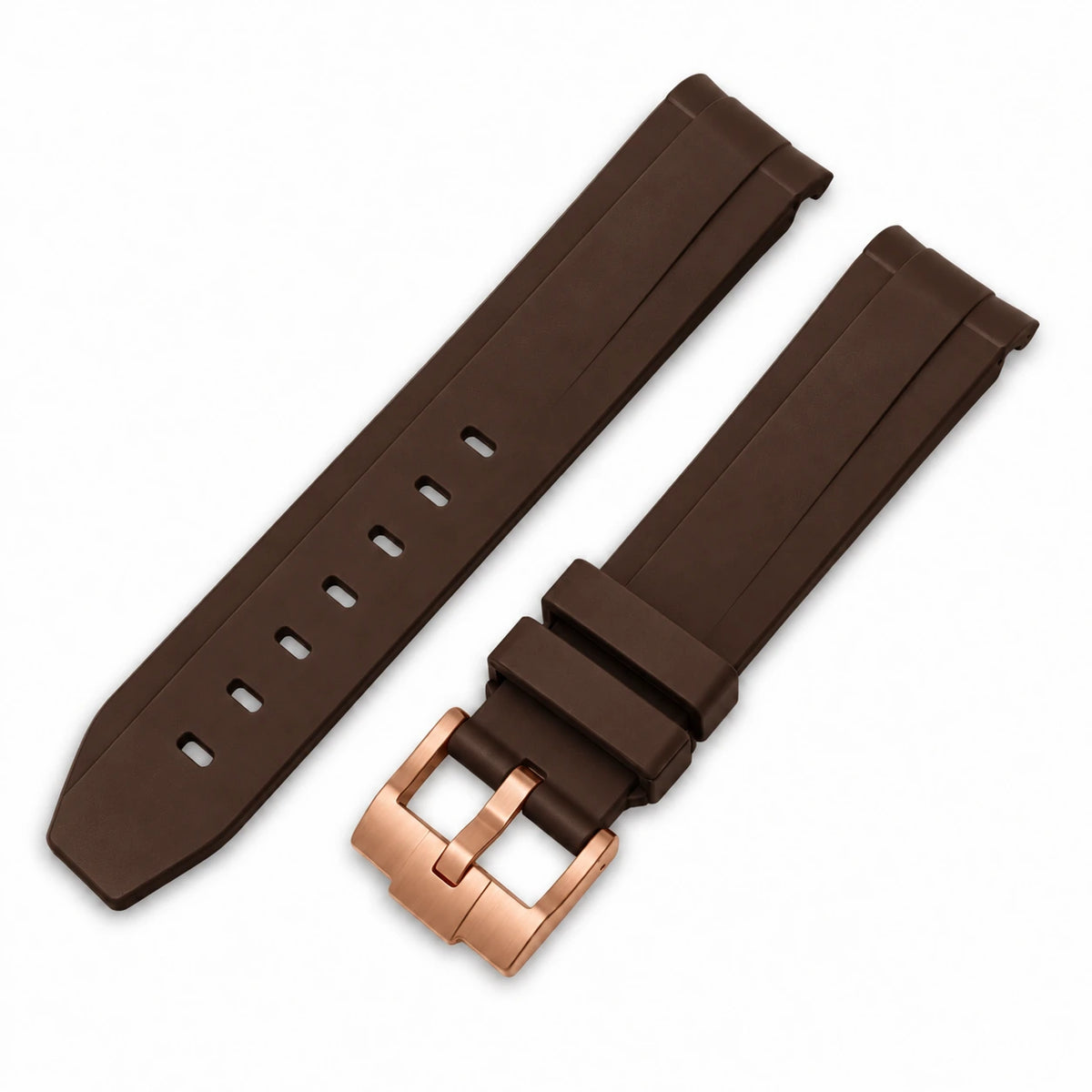 Correa de caucho Cafe con Hebilla tradicional (pin buckle) color Oro rosa