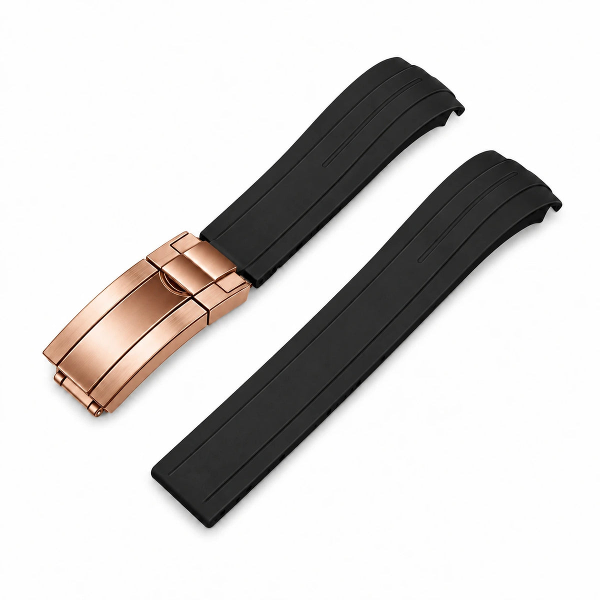 Correa de caucho Negro con Cierre desplegable (deployant clasp) color Oro rosa