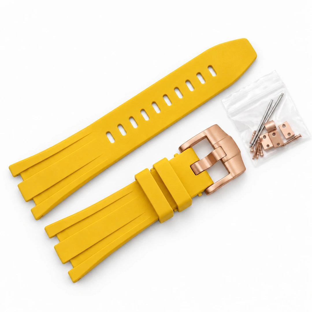 Correa de caucho Royal Oak Amarillo, hebilla Oro rosa, fondo blanco
