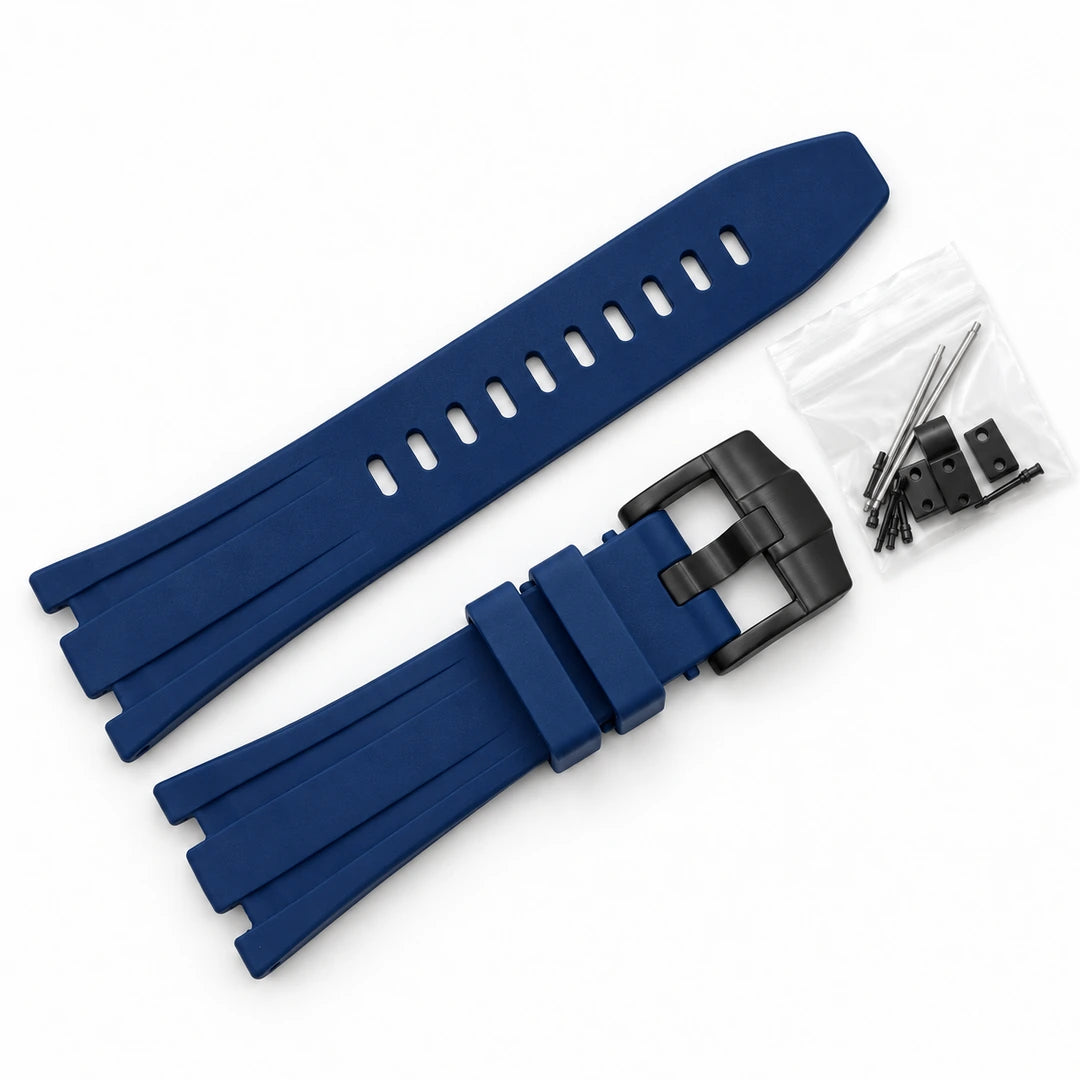Correa de caucho Royal Oak Azul, hebilla Negro, fondo blanco