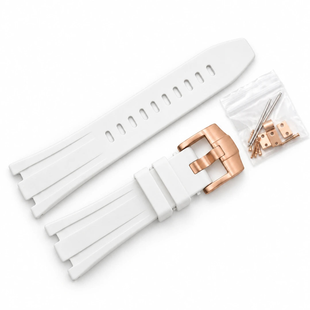 Correa de caucho Royal Oak Blanco, hebilla Oro rosa, fondo blanco