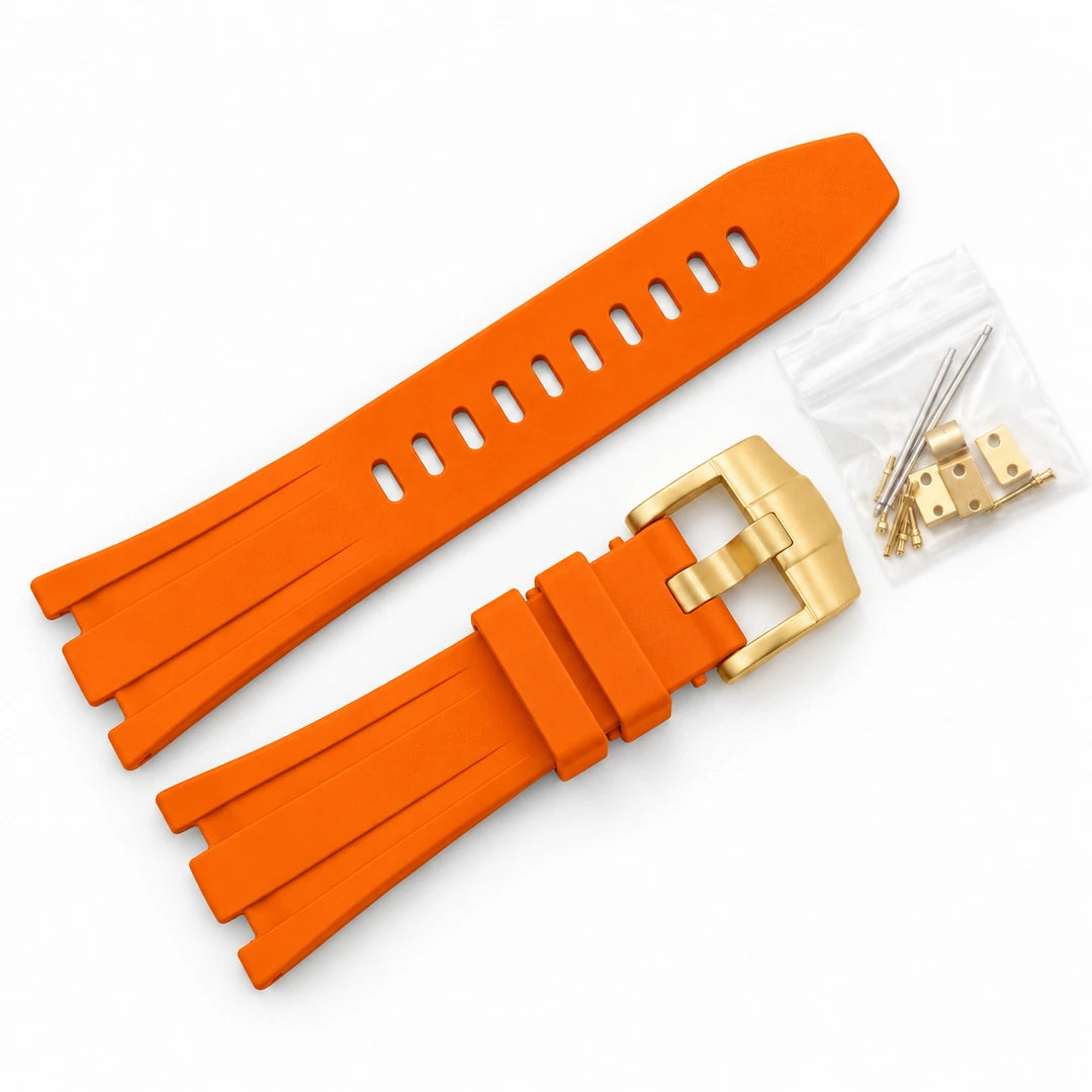 Correa de caucho Royal Oak Naranja, hebilla Dorado, fondo blanco