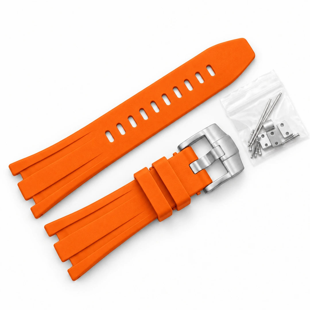 Correa de caucho Royal Oak Naranja, hebilla Plateado, fondo blanco