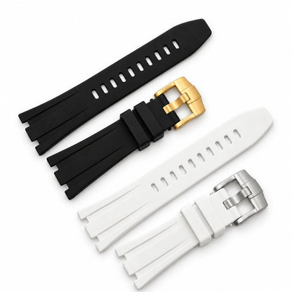 Correas Royal Oak de caucho negra y blanca sobre fondo blanco