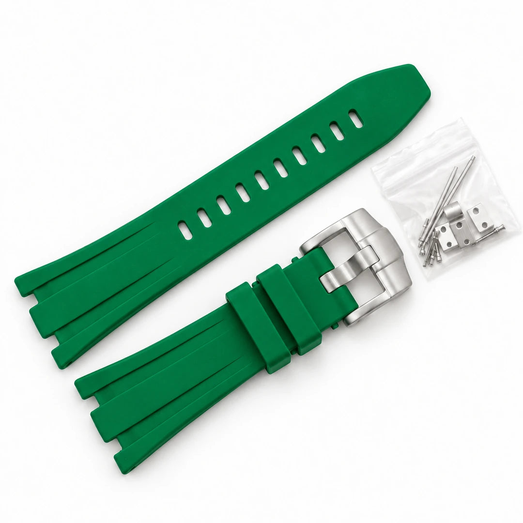 Correa de caucho Royal Oak Verde, hebilla Plateado, fondo blanco